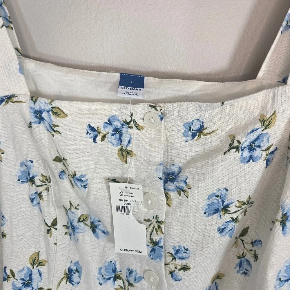 Old Navy Linen Floral Top L Blue Puff Sleeve Square Neck Smocked Button NWT